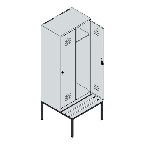 C+P Spind Classic PLUS, Bank, 2 Abteile, 2120x800x815mm, 7035/7035 Verschluss Sicherheits-Drehriegel 4 Garderobenhaken Dekor Banklatten RAL 7035 Lichtgrau Sitzbanktyp untergebaut