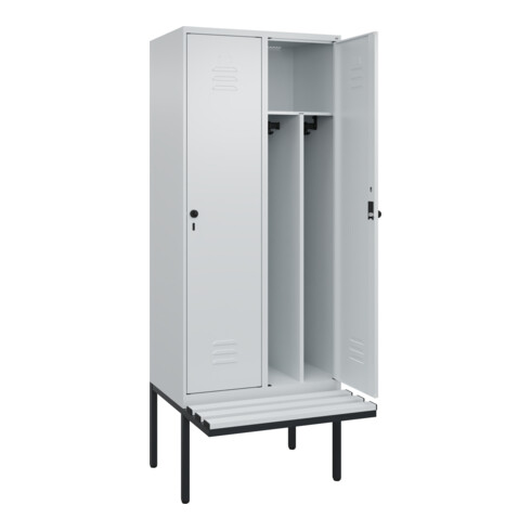 C+P Spind Classic PLUS, Bank, 2 Abteile, 2120x800x815mm, 7035/7035 Verschluss Sicherheits-Drehriegel 4 Garderobenhaken Trennwand mittig Dekor Banklatten RAL 7035 Lichtgrau Sitzbanktyp auskragend