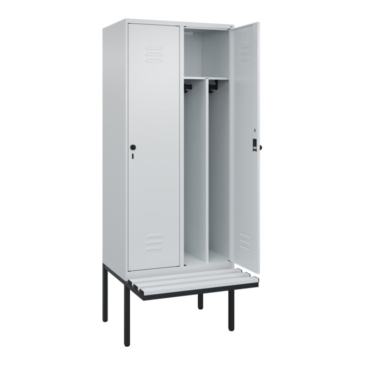C+P Spind Classic PLUS, Bank, 2 Abteile, 2120x800x815mm, 7035/7035 Verschluss Sicherheits-Drehriegel 4 Garderobenhaken Trennwand mittig Dekor Banklatten RAL 7035 Lichtgrau Sitzbanktyp auskragend