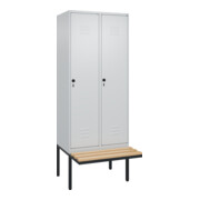 C+P Spind Classic PLUS, Bank, 2 Abteile, 2120x800x815mm, 7035/7035 Verschluss Sicherheits-Drehriegel 4 Garderobenhaken Trennwand mittig  Sitzbanktyp auskragend