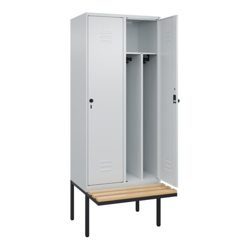 C+P Spind Classic PLUS, Bank, 2 Abteile, 2120x800x815mm, 7035/7035 Verschluss Sicherheits-Drehriegel 4 Garderobenhaken Trennwand mittig  Sitzbanktyp auskragend