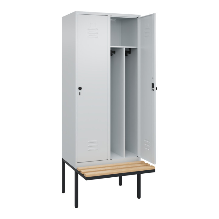 C+P Spind Classic PLUS, Bank, 2 Abteile, 2120x800x815mm, 7035/7035 Verschluss Sicherheits-Drehriegel 4 Garderobenhaken Trennwand mittig  Sitzbanktyp auskragend
