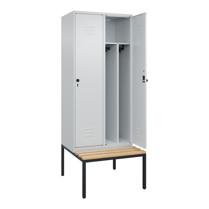 C+P Spind Classic PLUS, Bank, 2 Abteile, 2120x800x815mm, 7035/7035 Verschluss Sicherheits-Drehriegel 4 Garderobenhaken Trennwand mittig  Sitzbanktyp untergebaut
