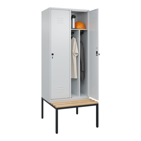 C+P Spind Classic PLUS, Bank, 2 Abteile, 2120x800x815mm, 7035/7035 Verschluss Sicherheits-Drehriegel 4 Garderobenhaken Trennwand mittig  Sitzbanktyp untergebaut