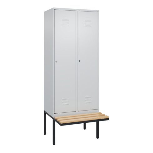 C+P Spind Classic PLUS, Bank, 2 Abteile, 2120x800x815mm, 7035/7035 Verschluss Zylinderschloss 4 Garderobenhaken   Sitzbanktyp auskragend