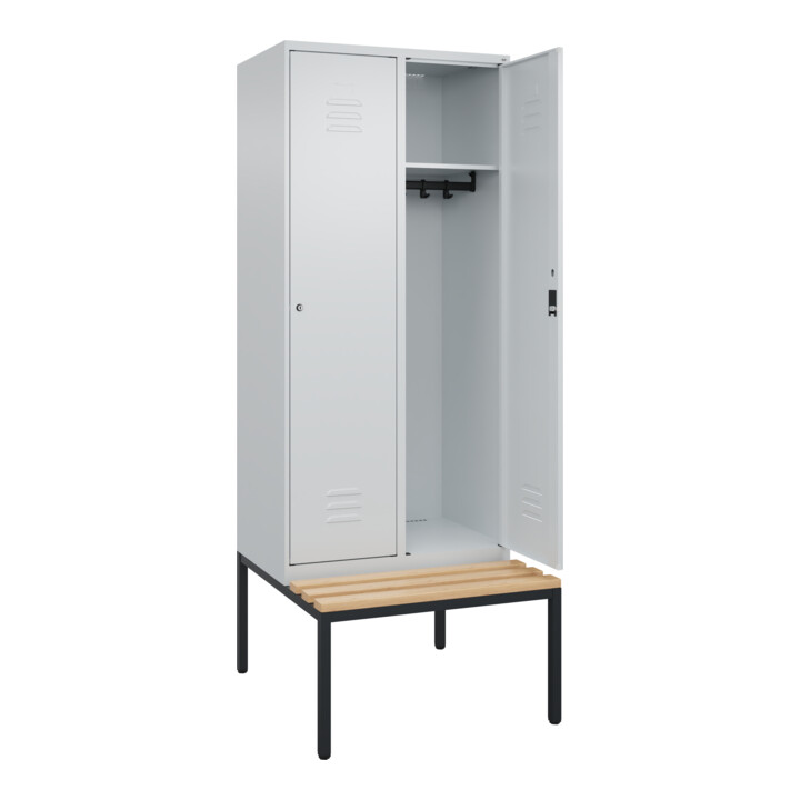 C+P Spind Classic PLUS, Bank, 2 Abteile, 2120x800x815mm, 7035/7035 Verschluss Zylinderschloss 4 Garderobenhaken   Sitzbanktyp untergebaut