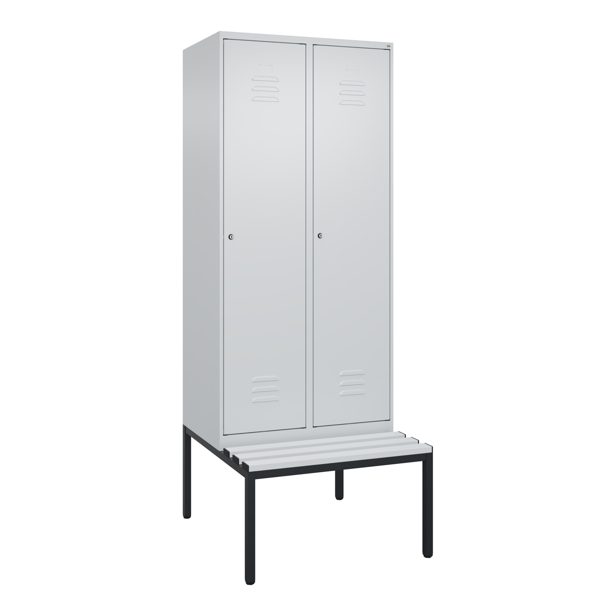 C+P Spind Classic PLUS, Bank, 2 Abteile, 2120x800x815mm, 7035/7035 Verschluss Zylinderschloss 4 Garderobenhaken Trennwand mittig Dekor Banklatten RAL