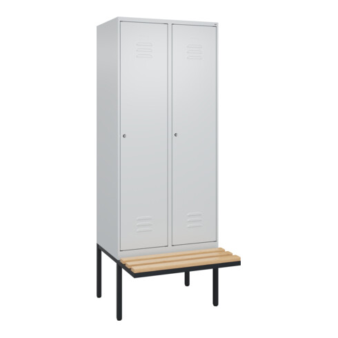 C+P Spind Classic PLUS, Bank, 2 Abteile, 2120x800x815mm, 7035/7035 Verschluss Zylinderschloss 4 Garderobenhaken Trennwand mittig Sitzbanktyp auskragend