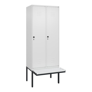 C+P Spind Classic PLUS, Bank, 2 Abteile, 2120x800x815mm, 9016/9016 Verschluss Sicherheits-Drehriegel 4 Garderobenhaken Trennwand mittig Dekor Banklatten RAL 9010 Reinweiß Sitzbanktyp auskragend