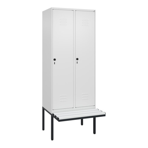 C+P Spind Classic PLUS, Bank, 2 Abteile, 2120x800x815mm, 9016/9016 Verschluss Sicherheits-Drehriegel 4 Garderobenhaken Trennwand mittig Dekor Banklatten RAL 9010 Reinweiß Sitzbanktyp auskragend