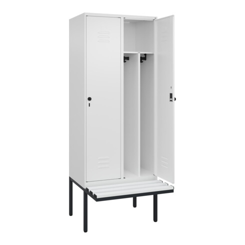 C+P Spind Classic PLUS, Bank, 2 Abteile, 2120x800x815mm, 9016/9016 Verschluss Sicherheits-Drehriegel 4 Garderobenhaken Trennwand mittig Dekor Banklatten RAL 9010 Reinweiß Sitzbanktyp auskragend