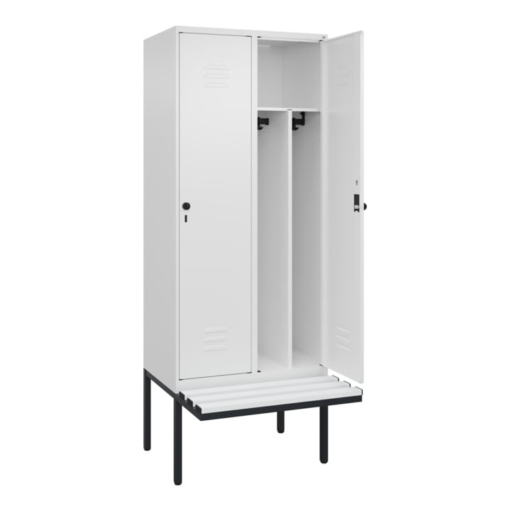 C+P Spind Classic PLUS, Bank, 2 Abteile, 2120x800x815mm, 9016/9016 Verschluss Sicherheits-Drehriegel 4 Garderobenhaken Trennwand mittig Dekor Banklatten RAL 9010 Reinweiß Sitzbanktyp auskragend