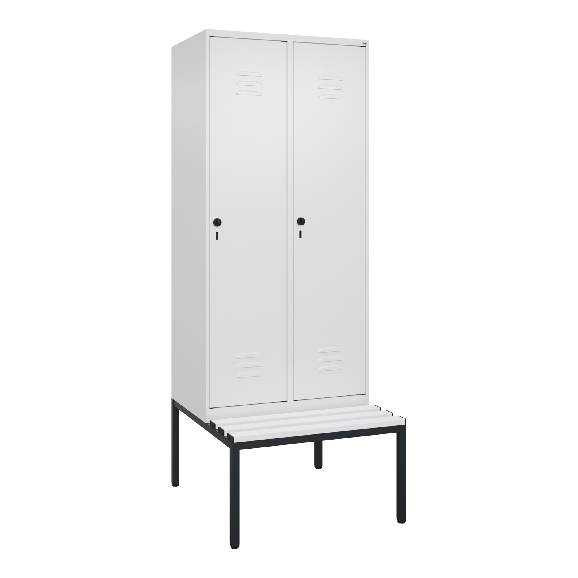 C+P Spind Classic PLUS, Bank, 2 Abteile, 2120x800x815mm, 9016/9016 Verschluss Sicherheits-Drehriegel 4 Garderobenhaken Trennwand mittig Dekor Banklatt