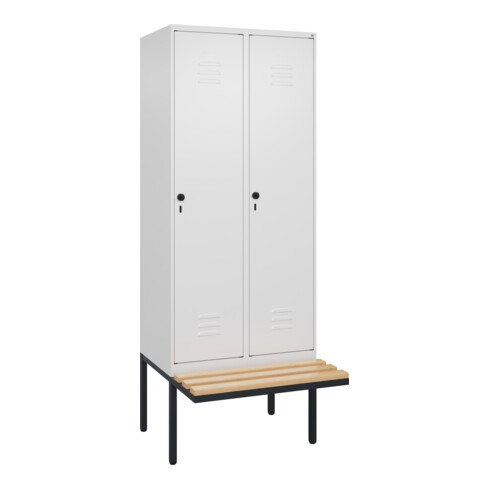 C+P Spind Classic PLUS, Bank, 2 Abteile, 2120x800x815mm, 9016/9016 Verschluss Sicherheits-Drehriegel 4 Garderobenhaken Trennwand mittig  Sitzbanktyp auskragend