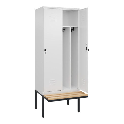 C+P Spind Classic PLUS, Bank, 2 Abteile, 2120x800x815mm, 9016/9016 Verschluss Sicherheits-Drehriegel 4 Garderobenhaken Trennwand mittig  Sitzbanktyp auskragend