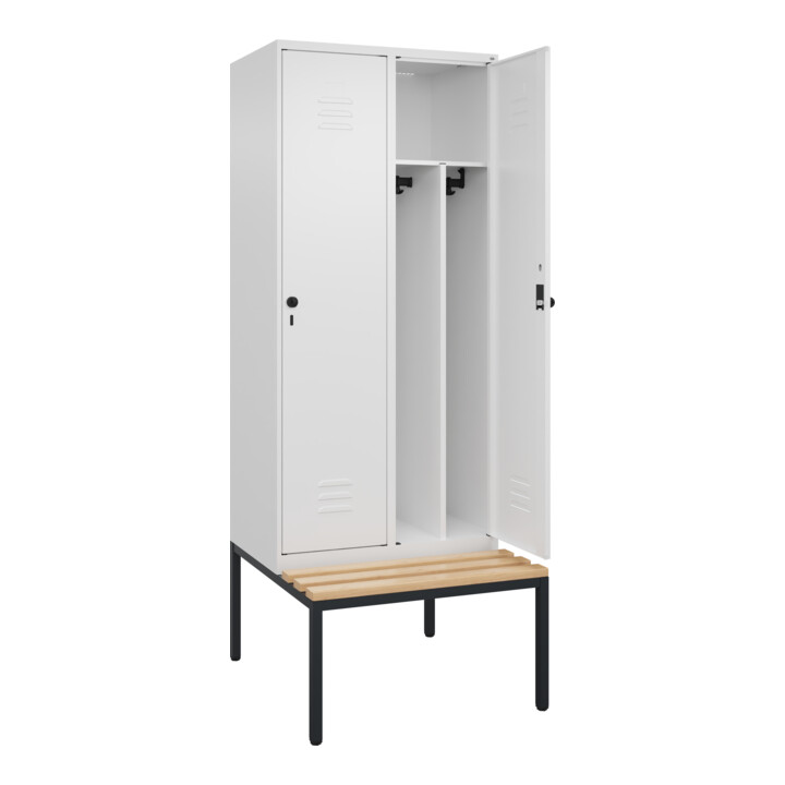 C+P Spind Classic PLUS, Bank, 2 Abteile, 2120x800x815mm, 9016/9016 Verschluss Sicherheits-Drehriegel 4 Garderobenhaken Trennwand mittig  Sitzbanktyp untergebaut