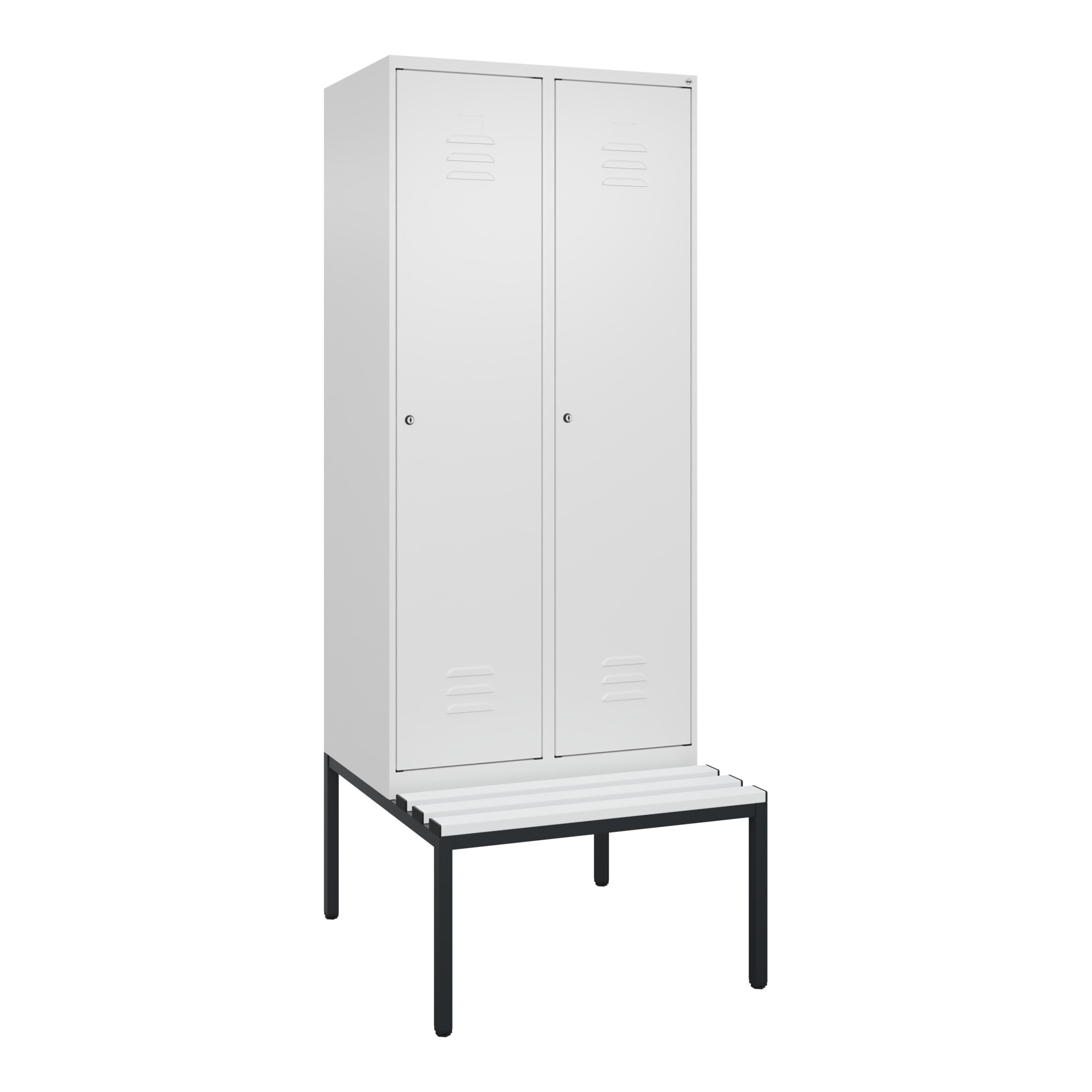 C+P Spind Classic PLUS, Bank, 2 Abteile, 2120x800x815mm, 9016/9016 Verschluss Zylinderschloss 4 Garderobenhaken Dekor Banklatten RAL 9010 Reinweiß Si