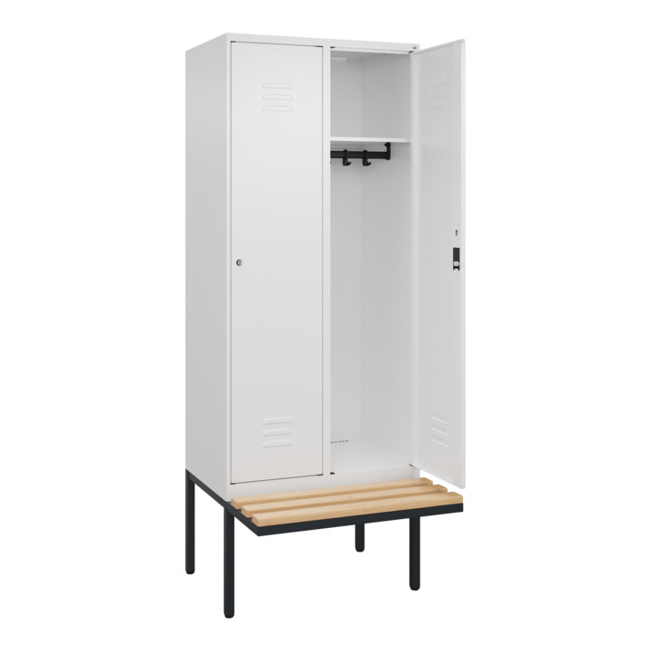 C+P Spind Classic PLUS, Bank, 2 Abteile, 2120x800x815mm, 9016/9016 Verschluss Zylinderschloss 4 Garderobenhaken   Sitzbanktyp auskragend