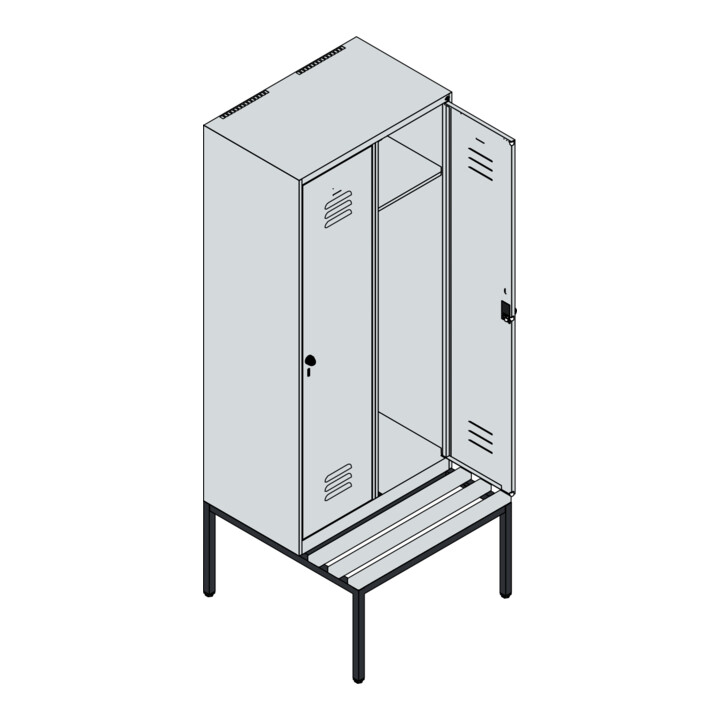 C+P Spind Classic PLUS, Bank, 2 Abteile, 2120x800x815mm, 9016/9016 Verschluss Zylinderschloss 4 Garderobenhaken   Sitzbanktyp untergebaut