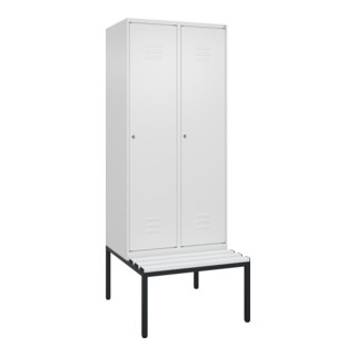 C+P Spind Classic PLUS, Bank, 2 Abteile, 2120x800x815mm, 9016/9016 Verschluss Zylinderschloss 4 Garderobenhaken Trennwand mittig Dekor Banklatten RAL 9010 Reinweiß Sitzbanktyp untergebaut