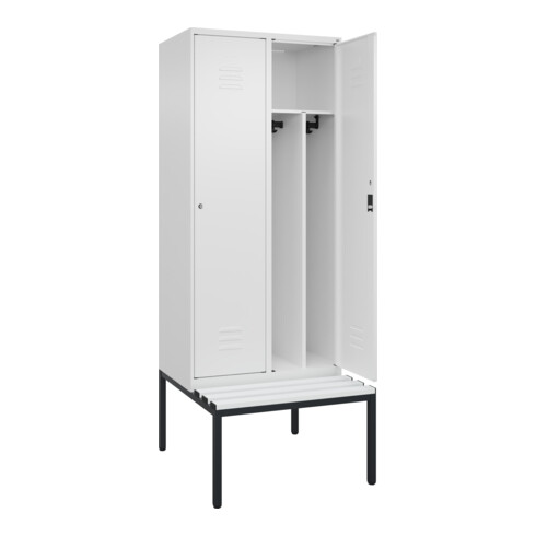 C+P Spind Classic PLUS, Bank, 2 Abteile, 2120x800x815mm, 9016/9016 Verschluss Zylinderschloss 4 Garderobenhaken Trennwand mittig Dekor Banklatten RAL 9010 Reinweiß Sitzbanktyp untergebaut