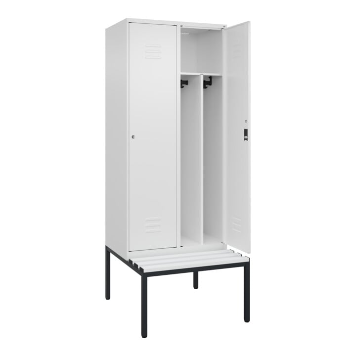 C+P Spind Classic PLUS, Bank, 2 Abteile, 2120x800x815mm, 9016/9016 Verschluss Zylinderschloss 4 Garderobenhaken Trennwand mittig Dekor Banklatten RAL 9010 Reinweiß Sitzbanktyp untergebaut