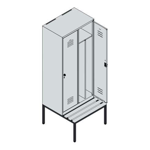C+P Spind Classic PLUS, Bank, 2 Abteile, 2120x800x815mm, 9016/9016 Verschluss Zylinderschloss 4 Garderobenhaken Trennwand mittig  Sitzbanktyp untergebaut