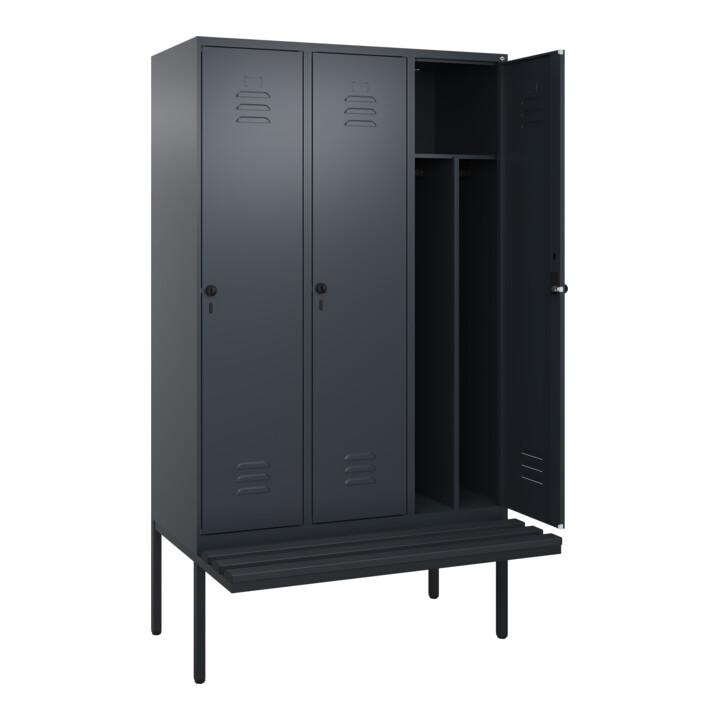 C+P Spind Classic PLUS, Bank, 3 Abteile, 2120x1200x815mm, 7016/7016 Verschluss Sicherheits-Drehriegel 4 Garderobenhaken Trennwand mittig Dekor Banklatten RAL 7021 Schwarzgrau Sitzbanktyp auskragend