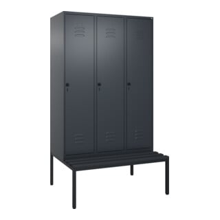 C+P Spind Classic PLUS, Bank, 3 Abteile, 2120x1200x815mm, 7016/7016 Verschluss Sicherheits-Drehriegel 4 Garderobenhaken Trennwand mittig Dekor Banklatten RAL 7021 Schwarzgrau Sitzbanktyp untergebaut