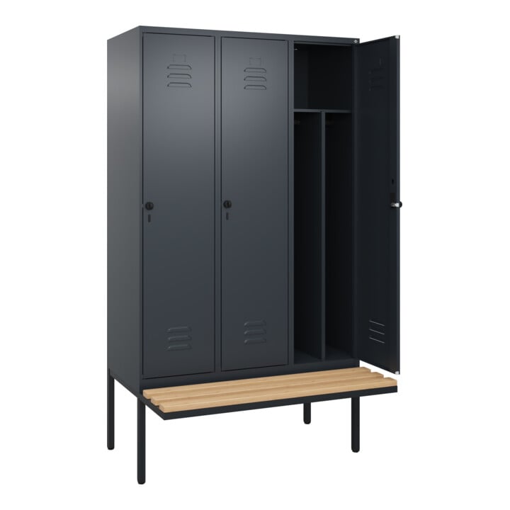 C+P Spind Classic PLUS, Bank, 3 Abteile, 2120x1200x815mm, 7016/7016 Verschluss Sicherheits-Drehriegel 4 Garderobenhaken Trennwand mittig  Sitzbanktyp auskragend