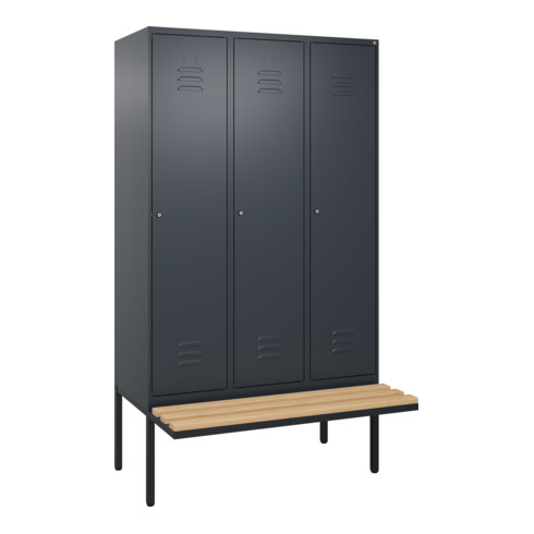 C+P Spind Classic PLUS, Bank, 3 Abteile, 2120x1200x815mm, 7016/7016 Verschluss Zylinderschloss 4 Garderobenhaken   Sitzbanktyp auskragend