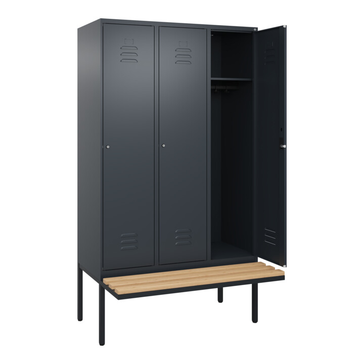 C+P Spind Classic PLUS, Bank, 3 Abteile, 2120x1200x815mm, 7016/7016 Verschluss Zylinderschloss 4 Garderobenhaken   Sitzbanktyp auskragend