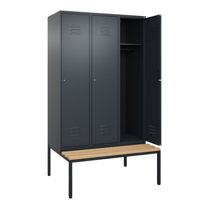 C+P Spind Classic PLUS, Bank, 3 Abteile, 2120x1200x815mm, 7016/7016 Verschluss Zylinderschloss 4 Garderobenhaken   Sitzbanktyp untergebaut
