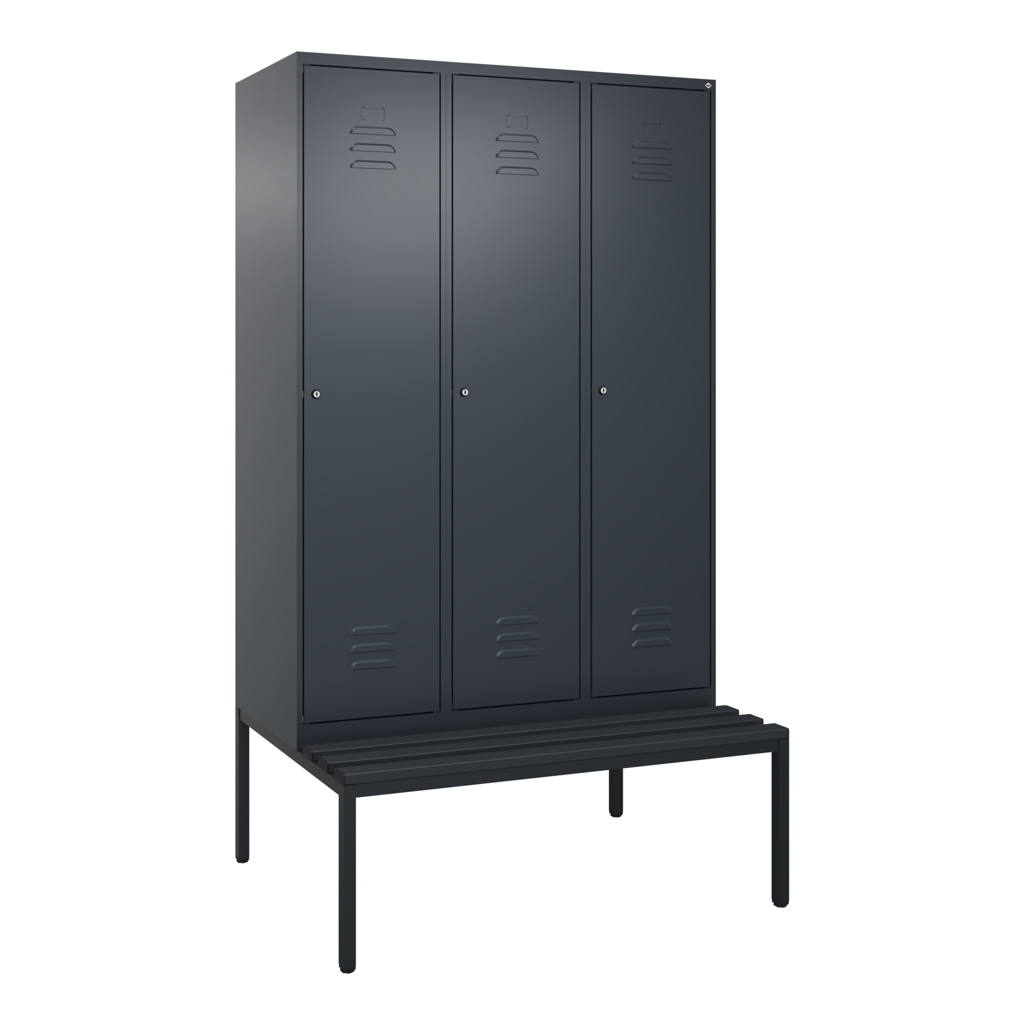 C+P Spind Classic PLUS, Bank, 3 Abteile, 2120x1200x815mm, 7016/7016 Verschluss Zylinderschloss 4 Garderobenhaken Trennwand mittig Dekor Banklatten RAL