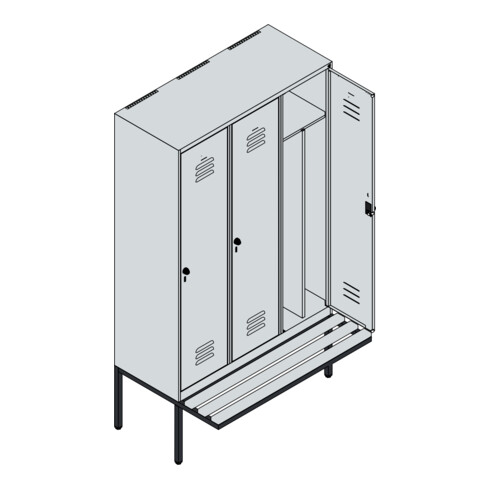 C+P Spind Classic PLUS, Bank, 3 Abteile, 2120x1200x815mm, 7016/7016 Verschluss Zylinderschloss 4 Garderobenhaken Trennwand mittig  Sitzbanktyp auskragend