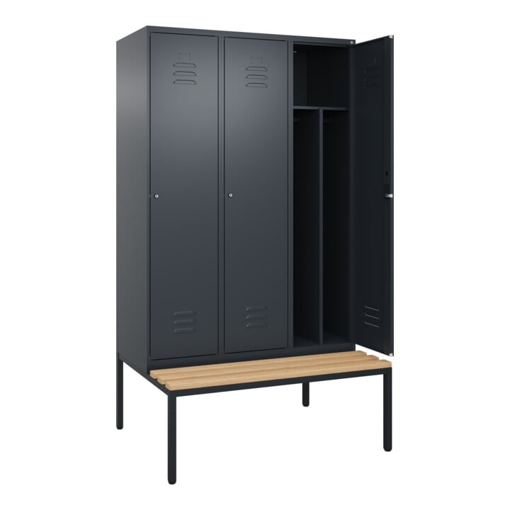 C+P Spind Classic PLUS, Bank, 3 Abteile, 2120x1200x815mm, 7016/7016 Verschluss Zylinderschloss 4 Garderobenhaken Trennwand mittig  Sitzbanktyp untergebaut