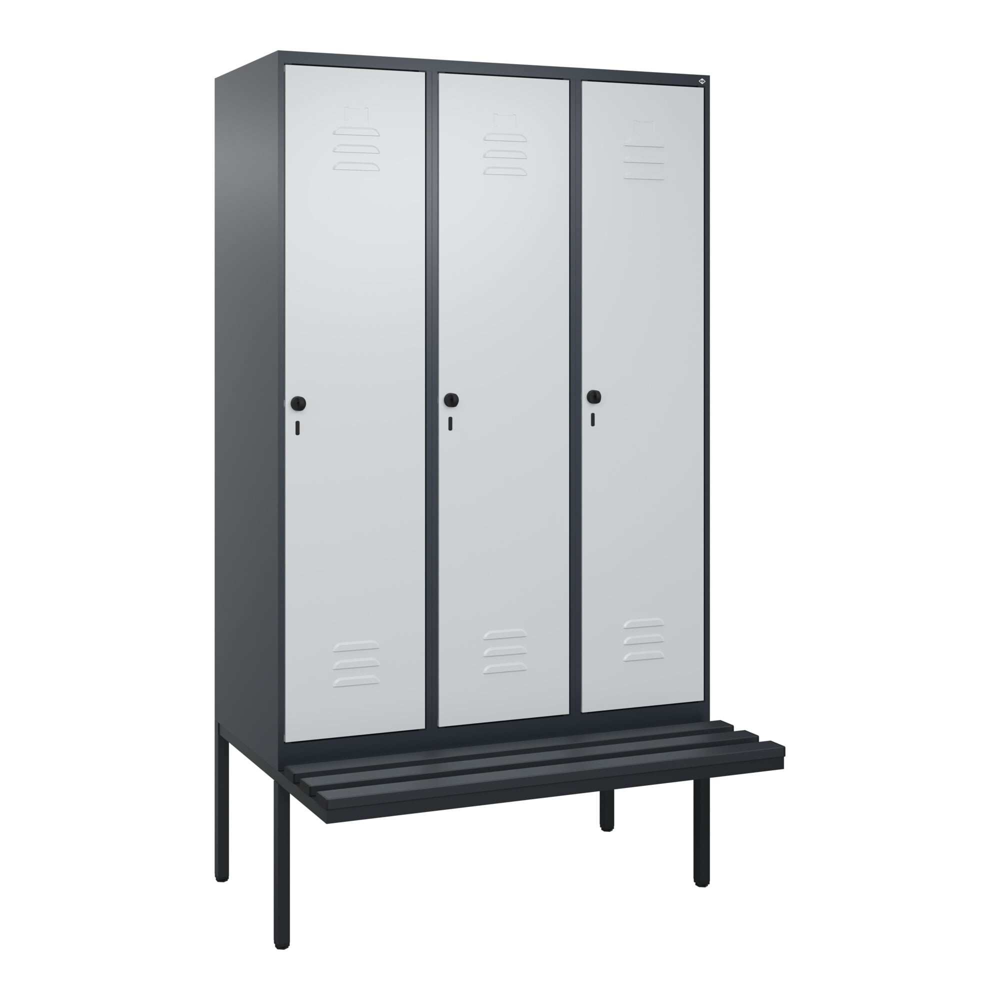 C+P Spind Classic PLUS, Bank, 3 Abteile, 2120x1200x815mm, 7016/7035 Verschluss Sicherheits-Drehriegel 4 Garderobenhaken Dekor Banklatten RAL 7021 Sch