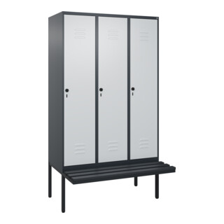 C+P Spind Classic PLUS, Bank, 3 Abteile, 2120x1200x815mm, 7016/7035 Verschluss Sicherheits-Drehriegel 4 Garderobenhaken Trennwand mittig Dekor Banklatten RAL 7021 Schwarzgrau Sitzbanktyp auskragend