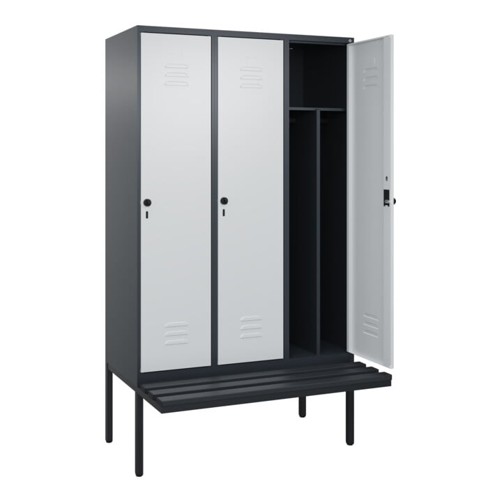 C+P Spind Classic PLUS, Bank, 3 Abteile, 2120x1200x815mm, 7016/7035 Verschluss Sicherheits-Drehriegel 4 Garderobenhaken Trennwand mittig Dekor Banklatten RAL 7021 Schwarzgrau Sitzbanktyp auskragend