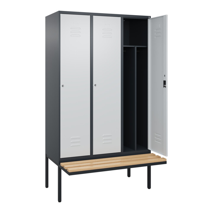 C+P Spind Classic PLUS, Bank, 3 Abteile, 2120x1200x815mm, 7016/7035 Verschluss Zylinderschloss 4 Garderobenhaken Trennwand mittig  Sitzbanktyp auskragend