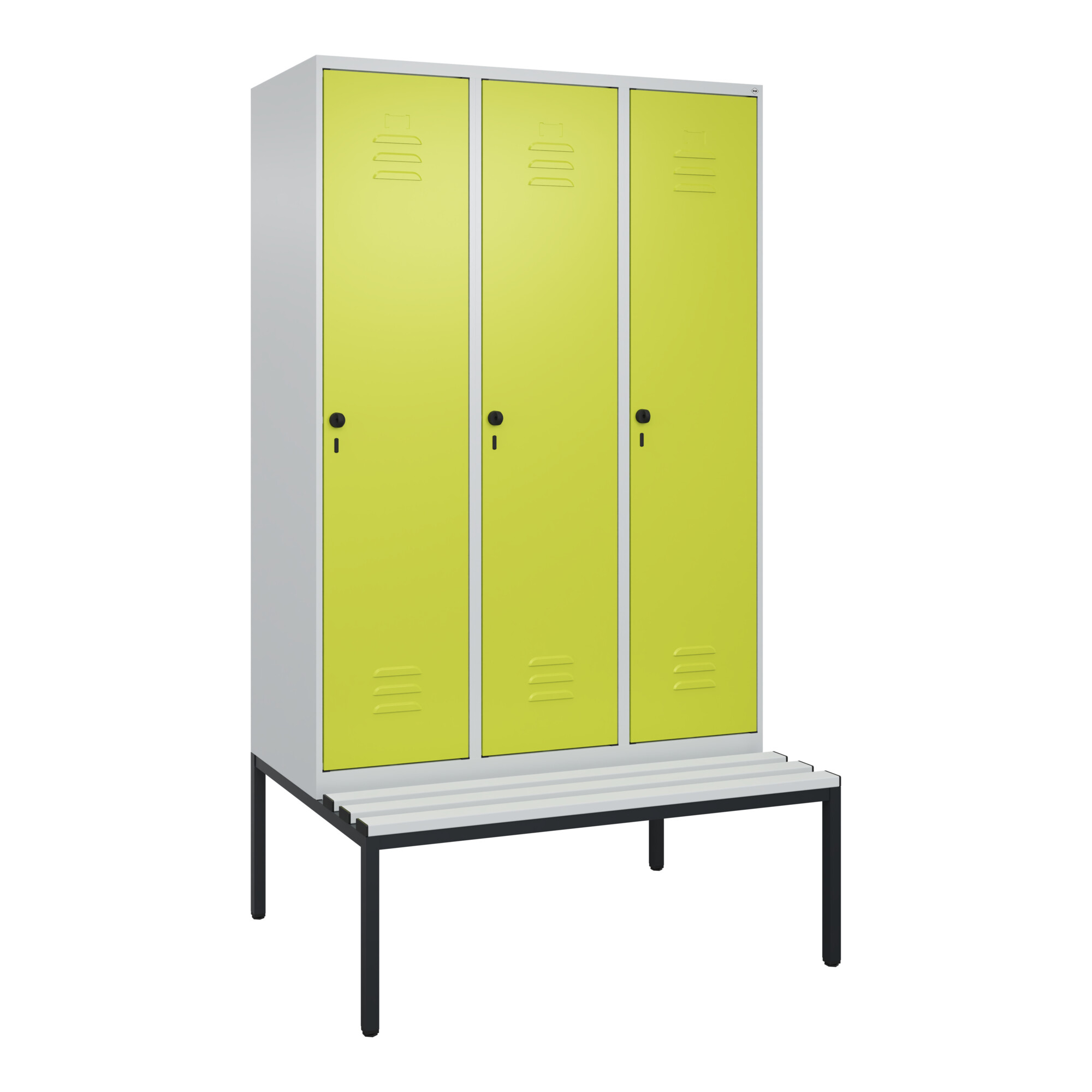 C+P Spind Classic PLUS, Bank, 3 Abteile, 2120x1200x815mm, 7035/0024 Verschluss Sicherheits-Drehriegel 4 Garderobenhaken Trennwand mittig Dekor Banklat
