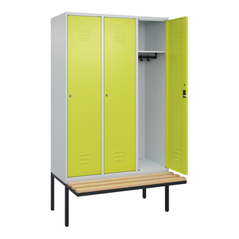 C+P Spind Classic PLUS, Bank, 3 Abteile, 2120x1200x815mm, 7035/0024 Verschluss Zylinderschloss 4 Garderobenhaken   Sitzbanktyp auskragend