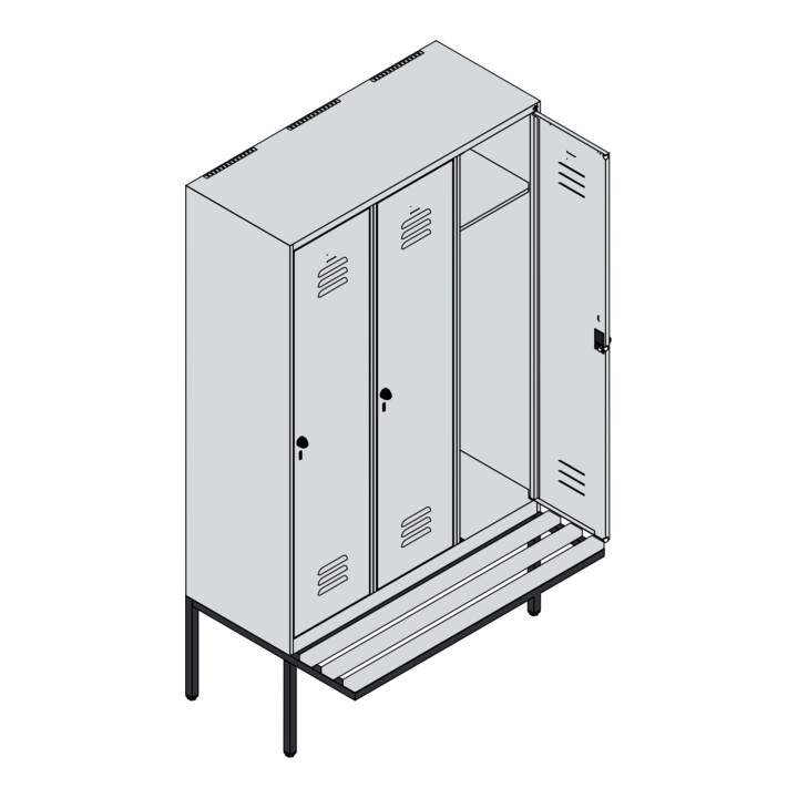 C+P Spind Classic PLUS, Bank, 3 Abteile, 2120x1200x815mm, 7035/0024 Verschluss Zylinderschloss 4 Garderobenhaken   Sitzbanktyp auskragend