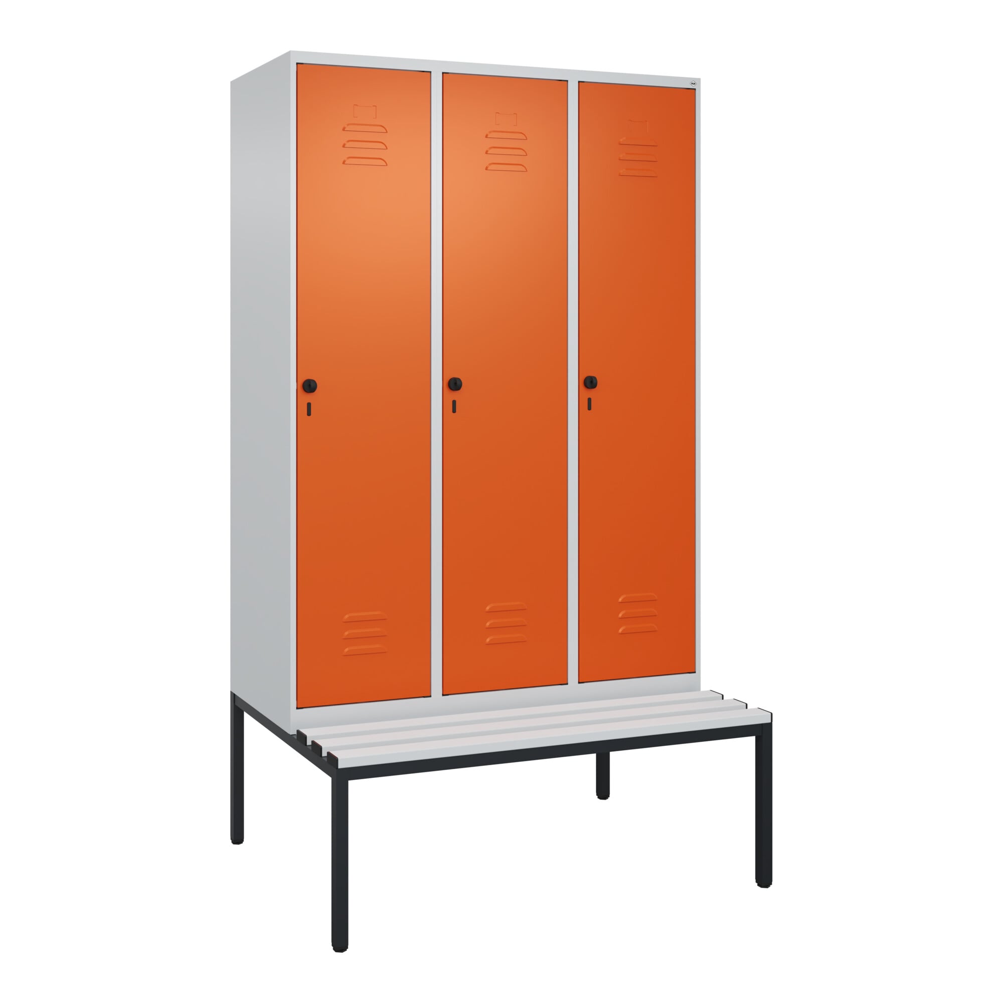 C+P Spind Classic PLUS, Bank, 3 Abteile, 2120x1200x815mm, 7035/2004 Verschluss Sicherheits-Drehriegel 4 Garderobenhaken Trennwand mittig Dekor Banklat
