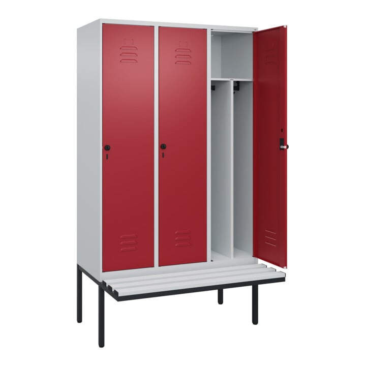 C+P Spind Classic PLUS, Bank, 3 Abteile, 2120x1200x815mm, 7035/3003 Verschluss Sicherheits-Drehriegel 4 Garderobenhaken Trennwand mittig Dekor Banklatten RAL 7035 Lichtgrau Sitzbanktyp auskragend