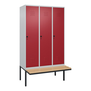 C+P Spind Classic PLUS, Bank, 3 Abteile, 2120x1200x815mm, 7035/3003 Verschluss Sicherheits-Drehriegel 4 Garderobenhaken Trennwand mittig  Sitzbanktyp auskragend