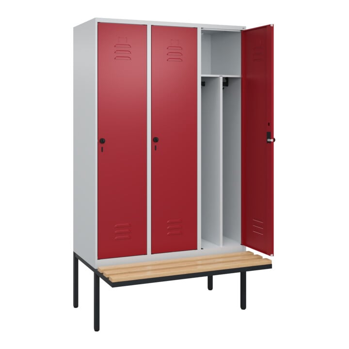 C+P Spind Classic PLUS, Bank, 3 Abteile, 2120x1200x815mm, 7035/3003 Verschluss Sicherheits-Drehriegel 4 Garderobenhaken Trennwand mittig  Sitzbanktyp auskragend