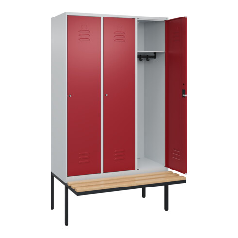 C+P Spind Classic PLUS, Bank, 3 Abteile, 2120x1200x815mm, 7035/3003 Verschluss Zylinderschloss 4 Garderobenhaken   Sitzbanktyp auskragend