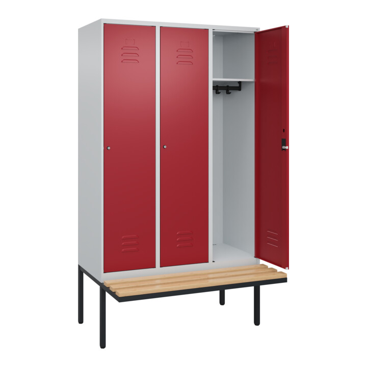 C+P Spind Classic PLUS, Bank, 3 Abteile, 2120x1200x815mm, 7035/3003 Verschluss Zylinderschloss 4 Garderobenhaken   Sitzbanktyp auskragend