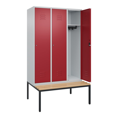 C+P Spind Classic PLUS, Bank, 3 Abteile, 2120x1200x815mm, 7035/3003 Verschluss Zylinderschloss 4 Garderobenhaken   Sitzbanktyp untergebaut
